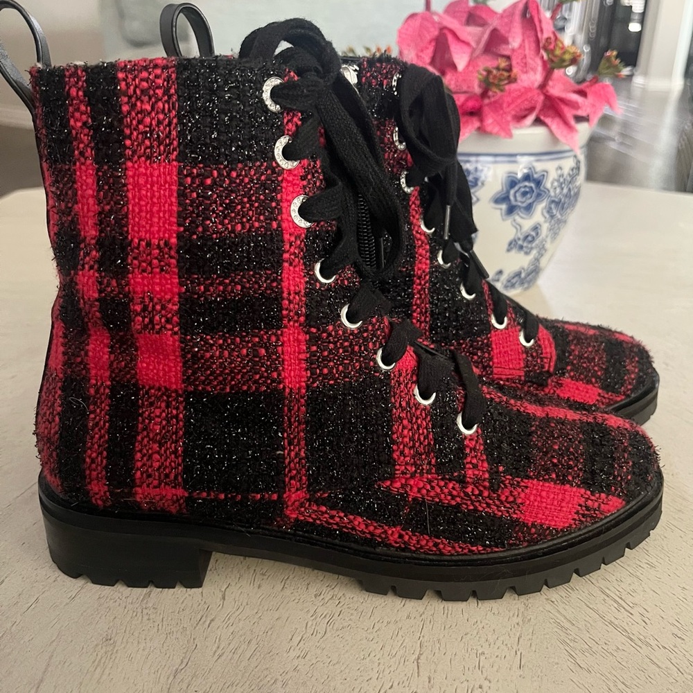 Kate Spade Jemma Glitter Tweed Red and Black Plaid Ankle Boots size 7M